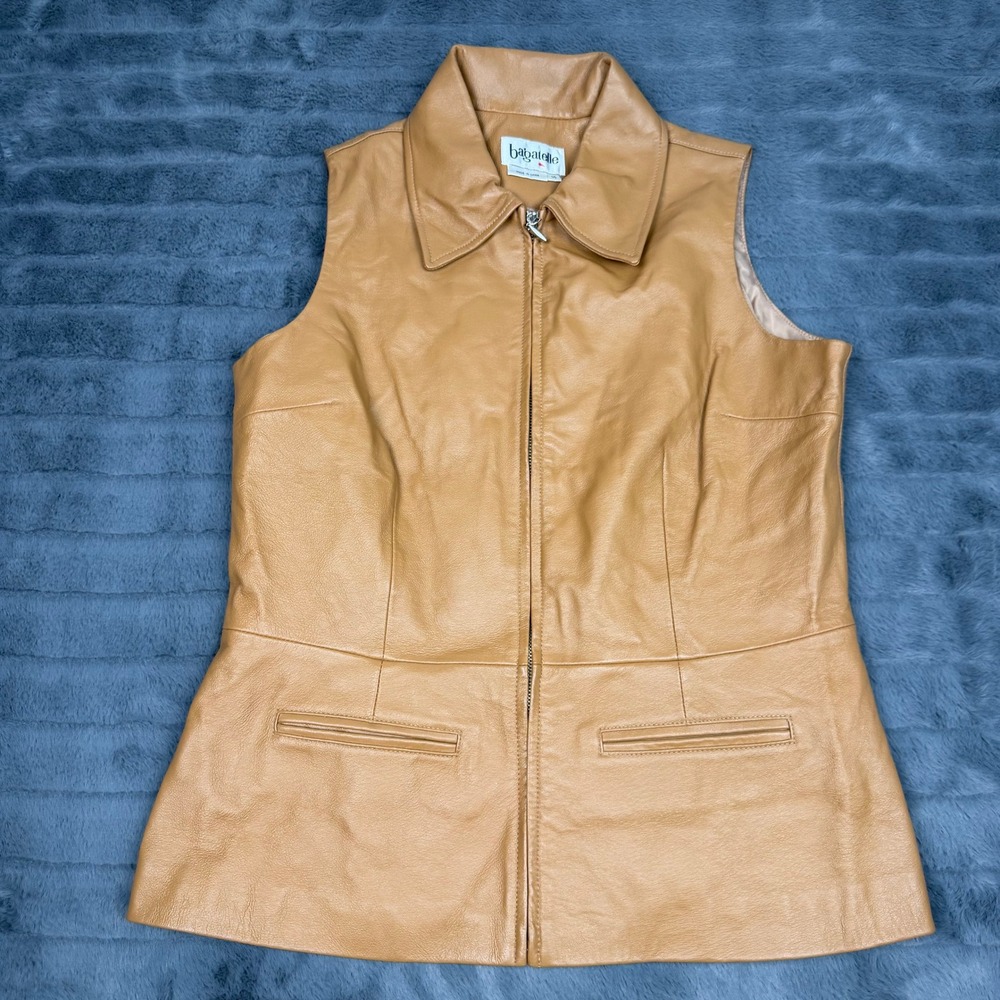 Bagatelle Womens Tan Leather Zip Up Peplum Vest Size 14 L0744 Camel Point Collar